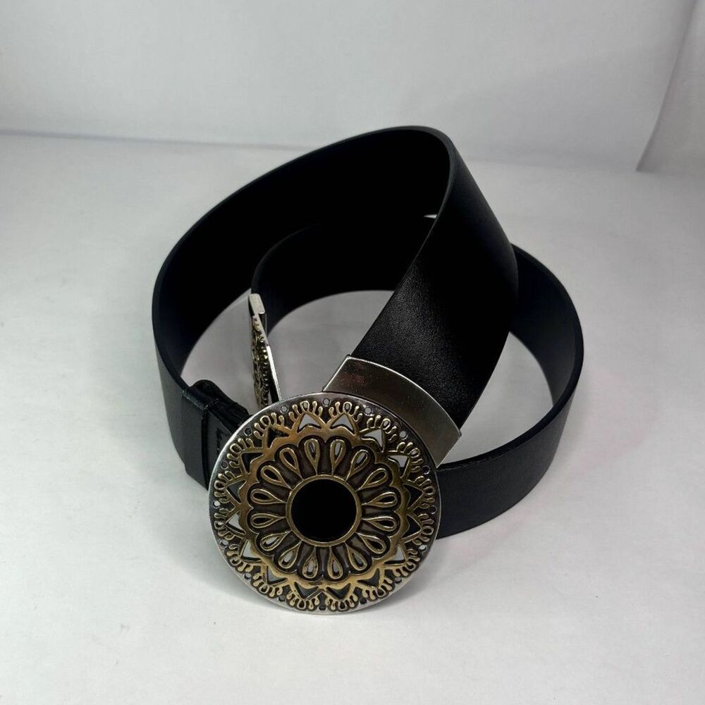 Chico's Black Belt with Intricate Gold Buckle